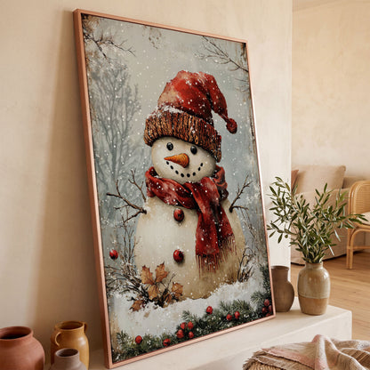 Whimsical Snowman Portrait Canvas, Rust Red & Beige in rose gold floating frame