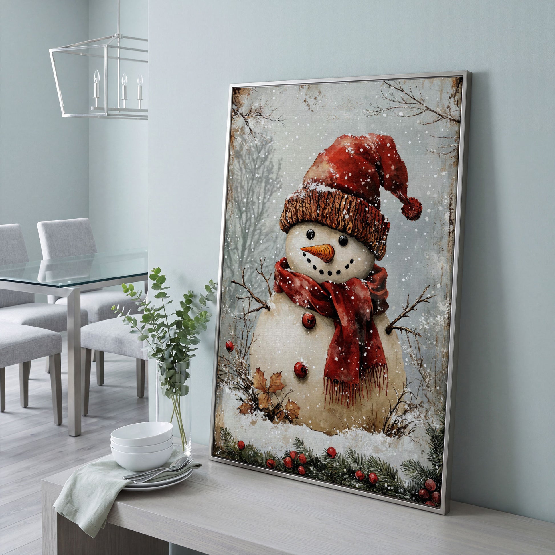 Whimsical Snowman Portrait Canvas, Rust Red & Beige in silver floating frame
