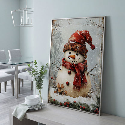 Whimsical Snowman Portrait Canvas, Rust Red & Beige in silver floating frame