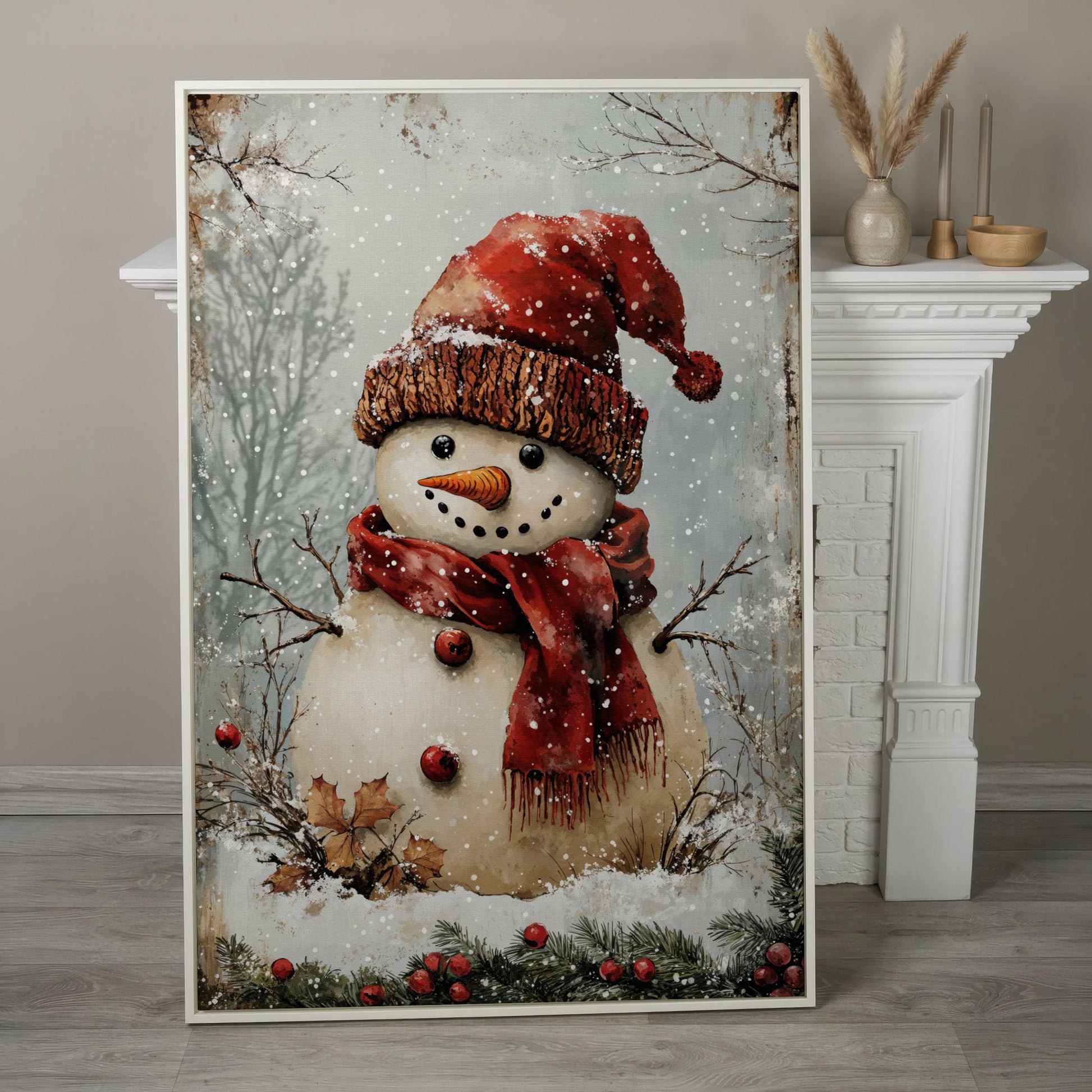 Whimsical Snowman Portrait Canvas, Rust Red & Beige in white floating frame