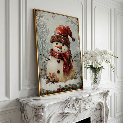 Whimsical Snowman Portrait Canvas, Rust Red & Beige in yellow gold floating frame