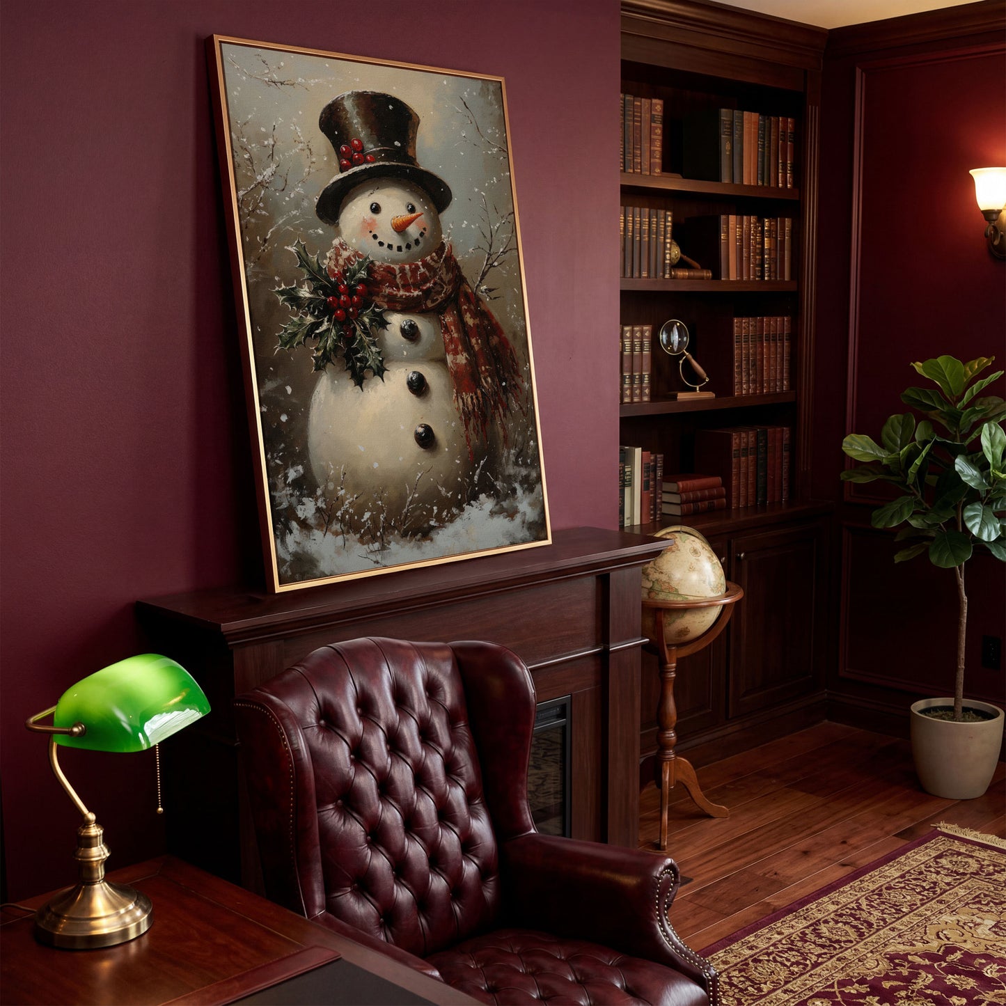 Vintage Snowman in Top Hat Canvas Print in antique gold floating frame