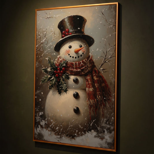 Vintage Snowman in Top Hat Canvas Print shown in antique gold floating frame