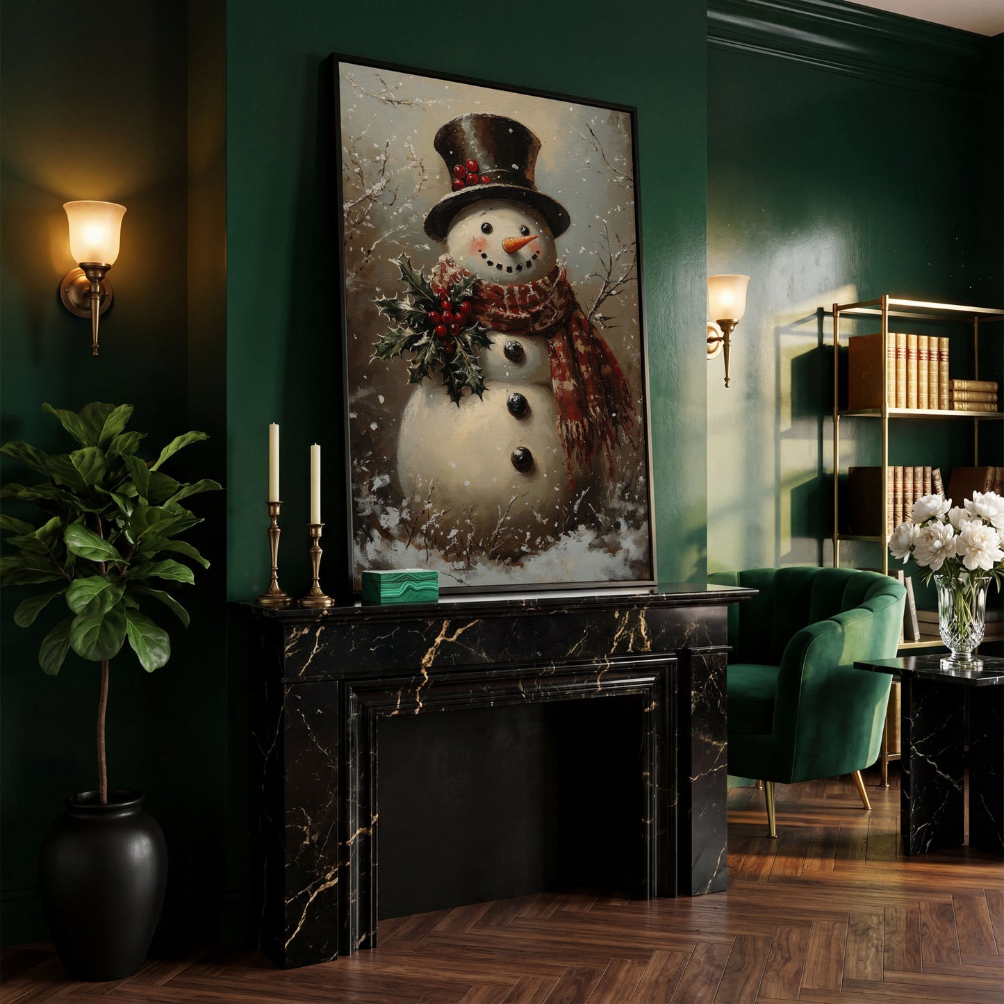 Vintage Snowman in Top Hat Canvas Print in black floating frame