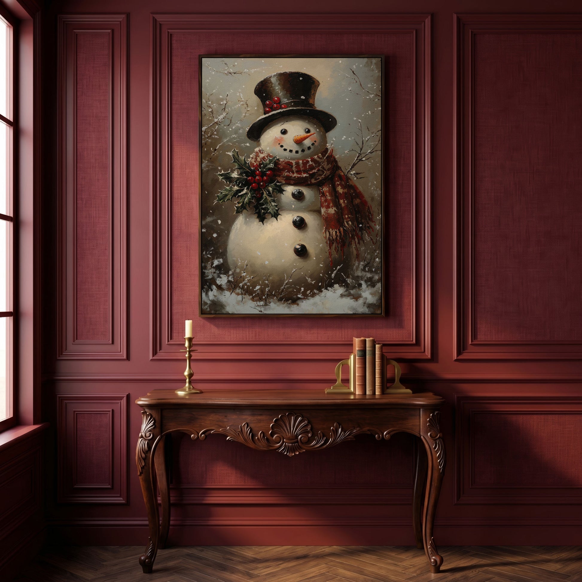 Vintage Snowman in Top Hat Canvas Print in dark walnut floating frame
