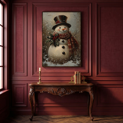 Vintage Snowman in Top Hat Canvas Print in dark walnut floating frame