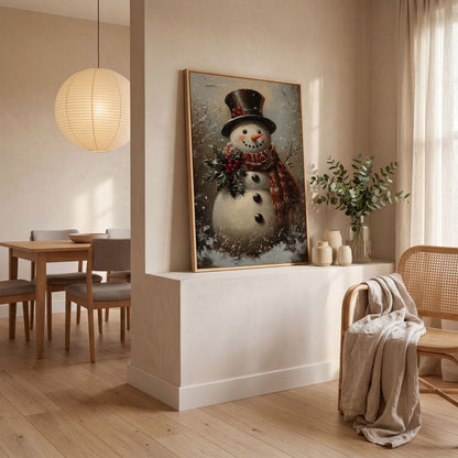 Vintage Snowman in Top Hat Canvas Print in white oak floating frame