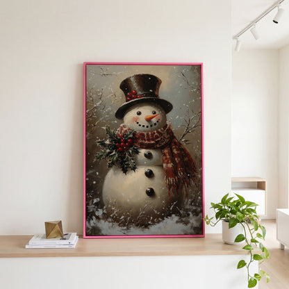 Vintage Snowman in Top Hat Canvas Print in pink floating frame