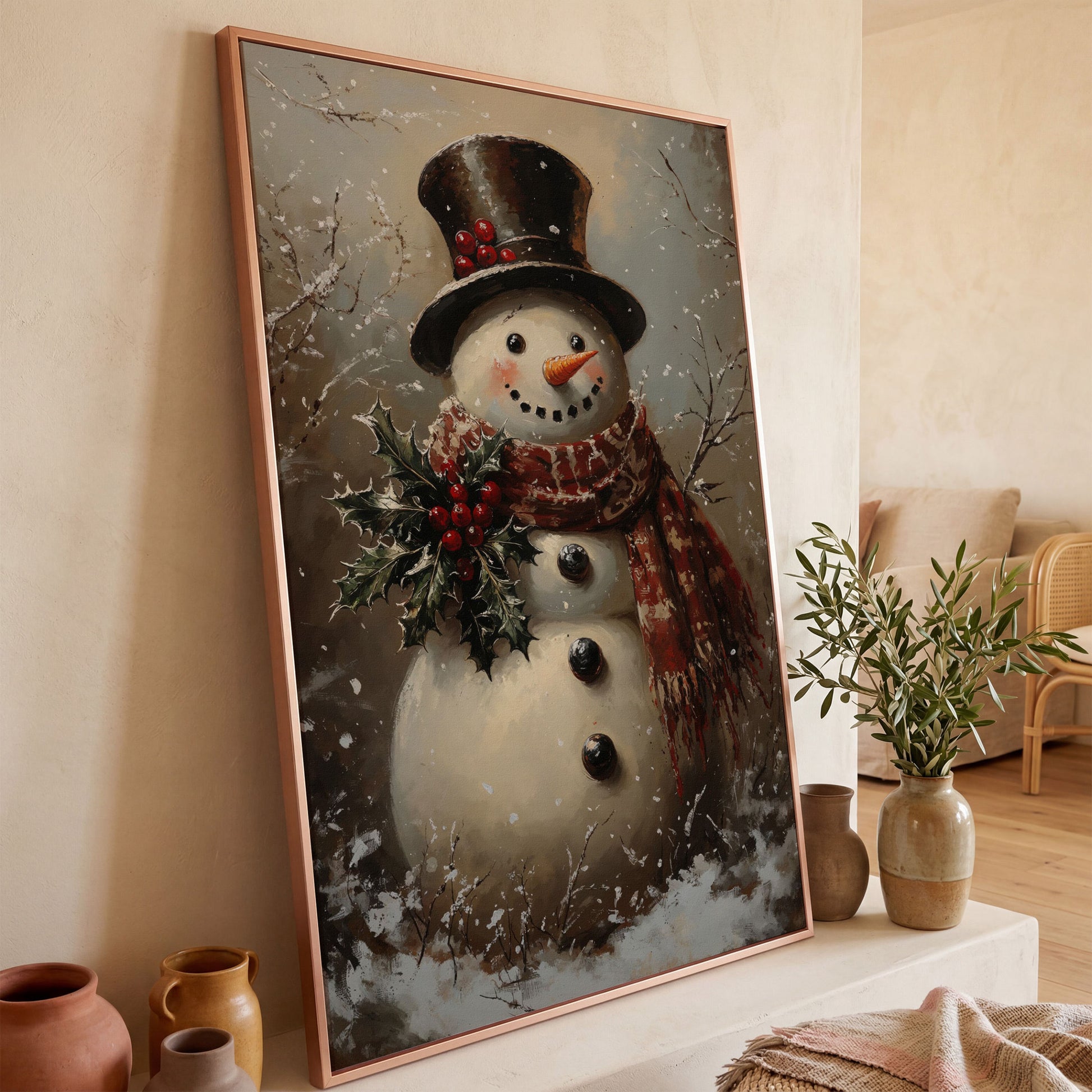 Vintage Snowman in Top Hat Canvas Print in rose gold floating frame