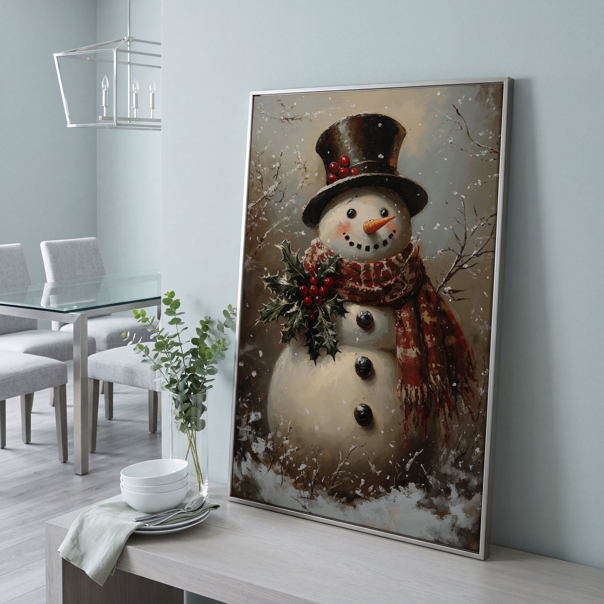 Vintage Snowman in Top Hat Canvas Print in silver floating frame