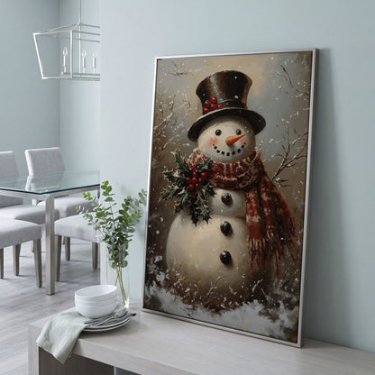 Vintage Snowman in Top Hat Canvas Print in silver floating frame