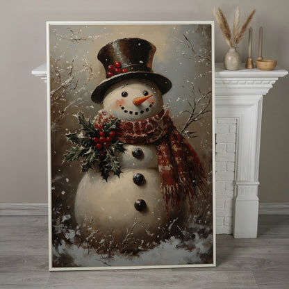 Vintage Snowman in Top Hat Canvas Print in white floating frame