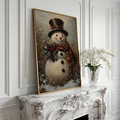 Vintage Snowman in Top Hat Canvas Print in yellow gold floating frame