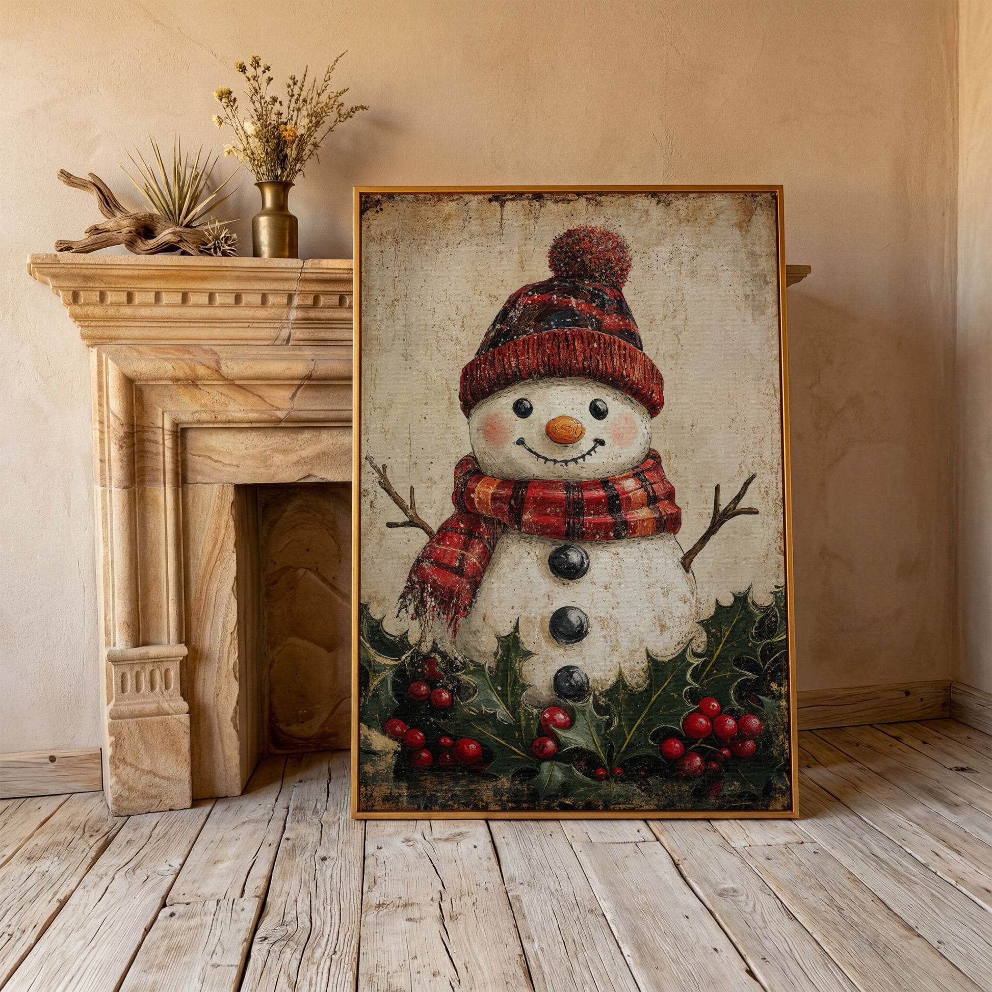 Snowman with Red Scarf and Hat Canvas Print in antique gold floating frame