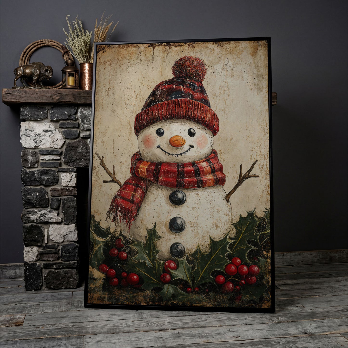Snowman with Red Scarf and Hat Canvas Print in black floating frame