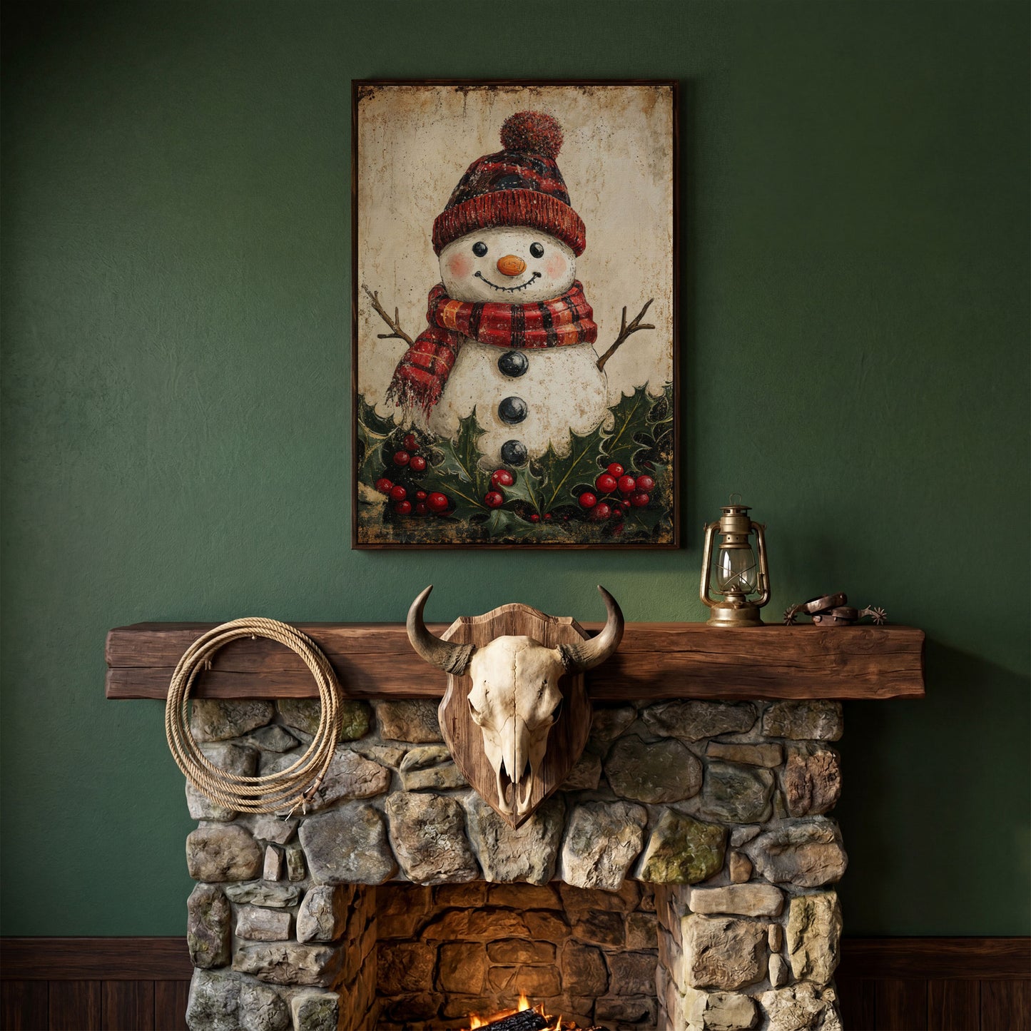 Snowman with Red Scarf and Hat Canvas Print in dark walnut floating frame