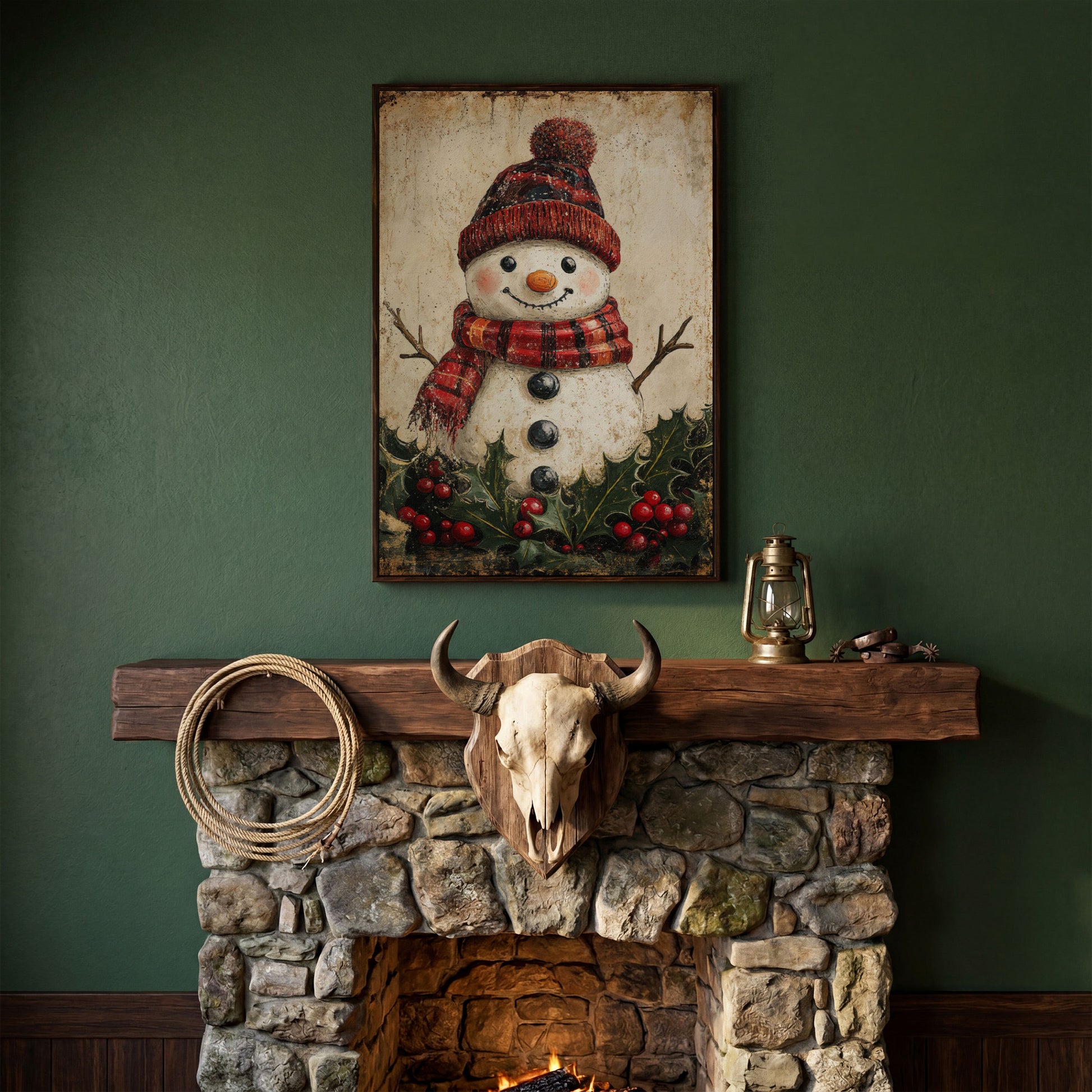 Snowman with Red Scarf and Hat Canvas Print in dark walnut floating frame