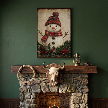 Snowman with Red Scarf and Hat Canvas Print in dark walnut floating frame