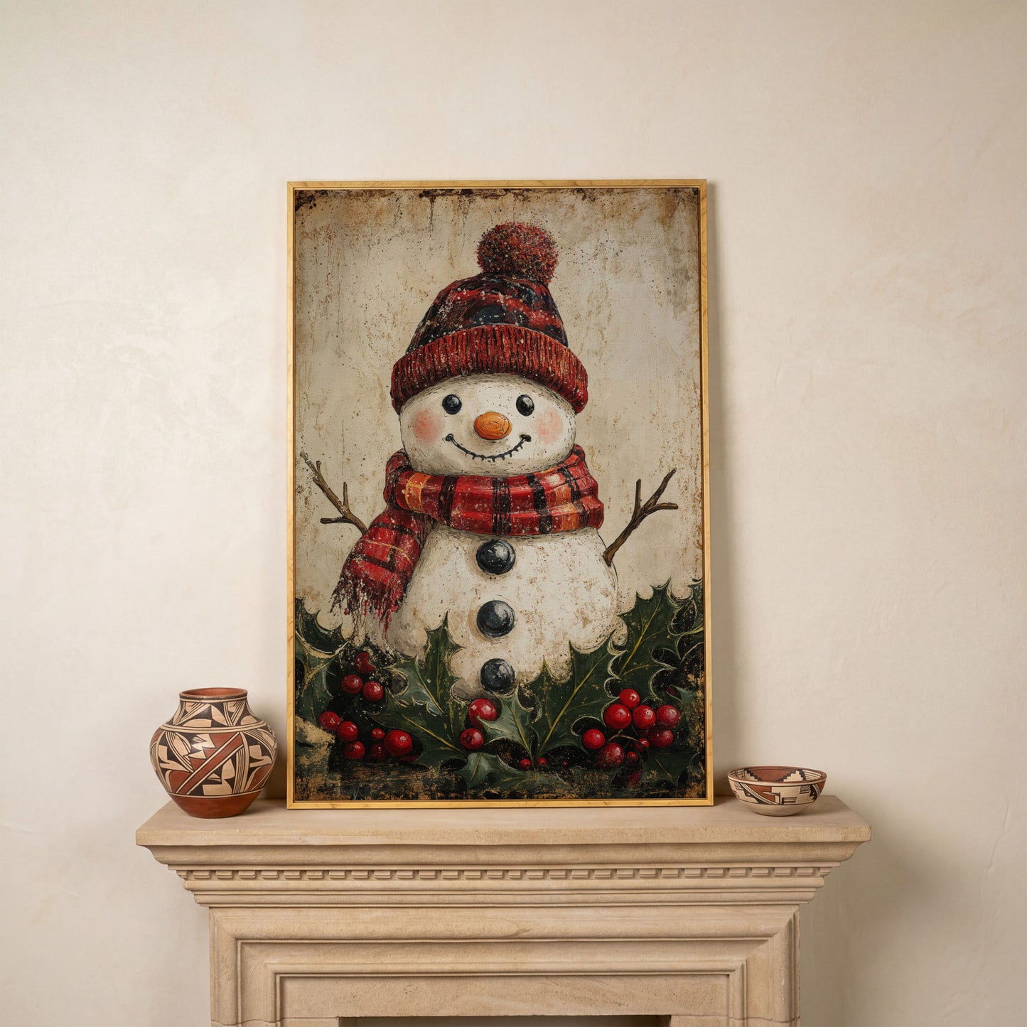 Snowman with Red Scarf and Hat Canvas Print in white oak floating frame