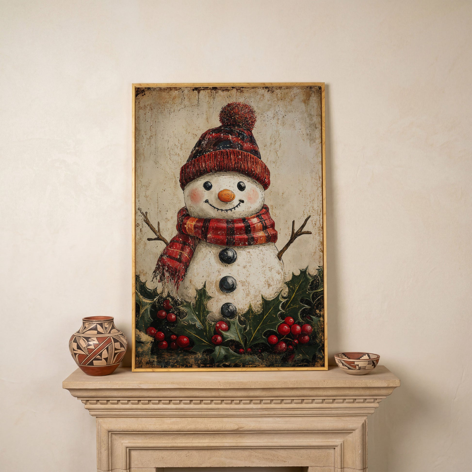 Snowman with Red Scarf and Hat Canvas Print in white oak floating frame