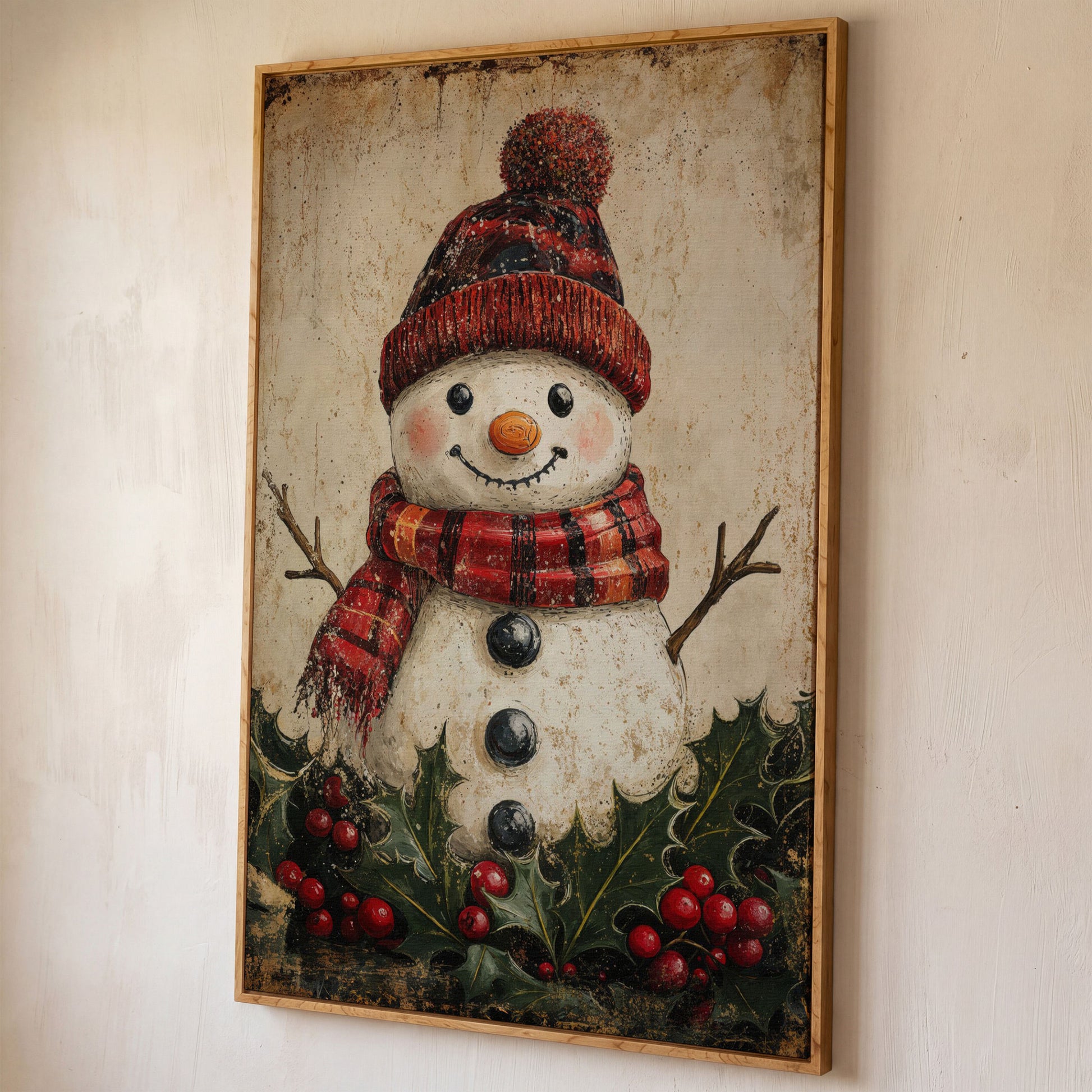 Snowman with Red Scarf and Hat Canvas Print shown in white oak floating frame