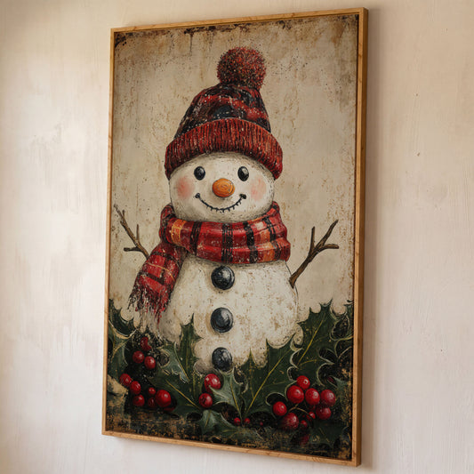 Snowman with Red Scarf and Hat Canvas Print shown in white oak floating frame