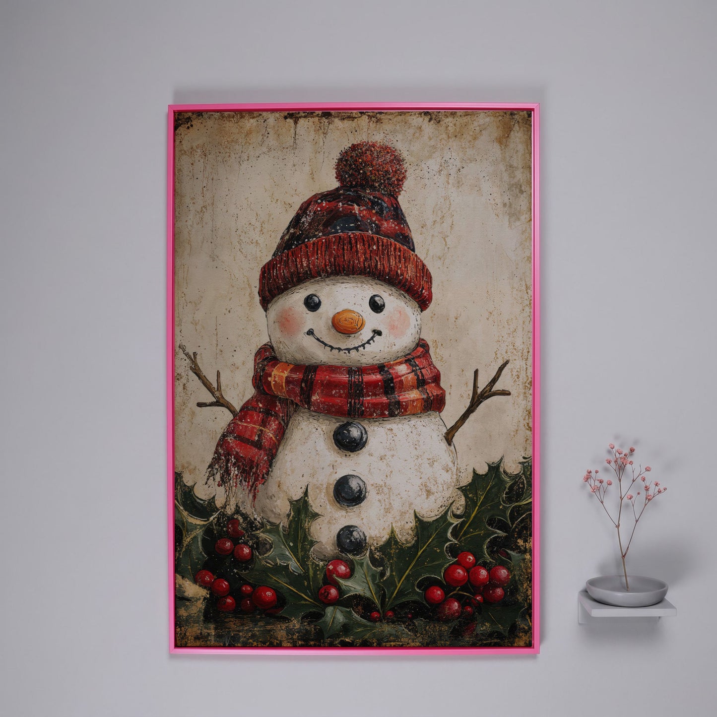 Snowman with Red Scarf and Hat Canvas Print in pink floating frame