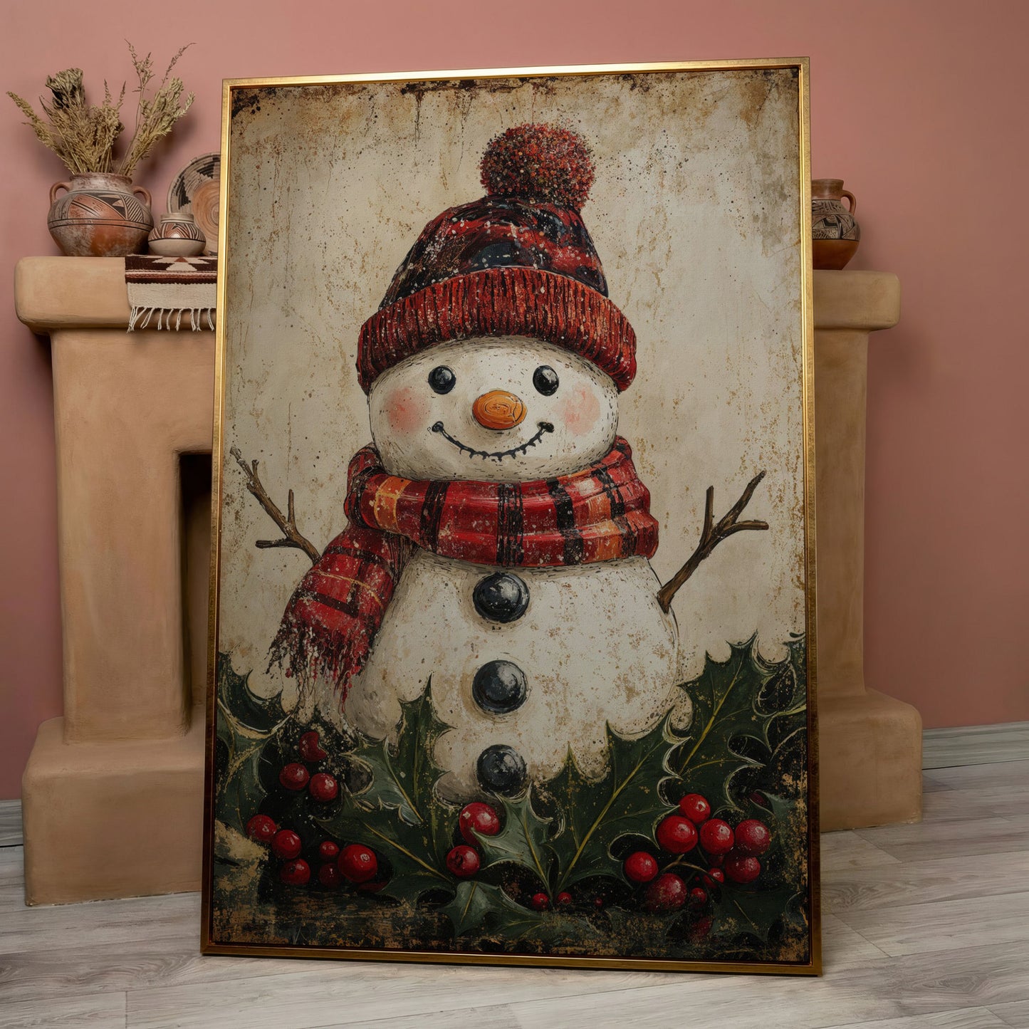 Snowman with Red Scarf and Hat Canvas Print in rose gold floating frame
