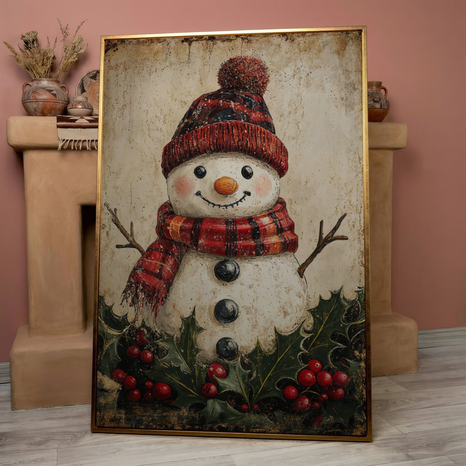 Snowman with Red Scarf and Hat Canvas Print in rose gold floating frame