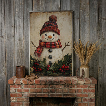 Snowman with Red Scarf and Hat Canvas Print in silver floating frame