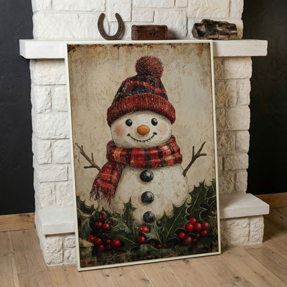 Snowman with Red Scarf and Hat Canvas Print in white floating frame