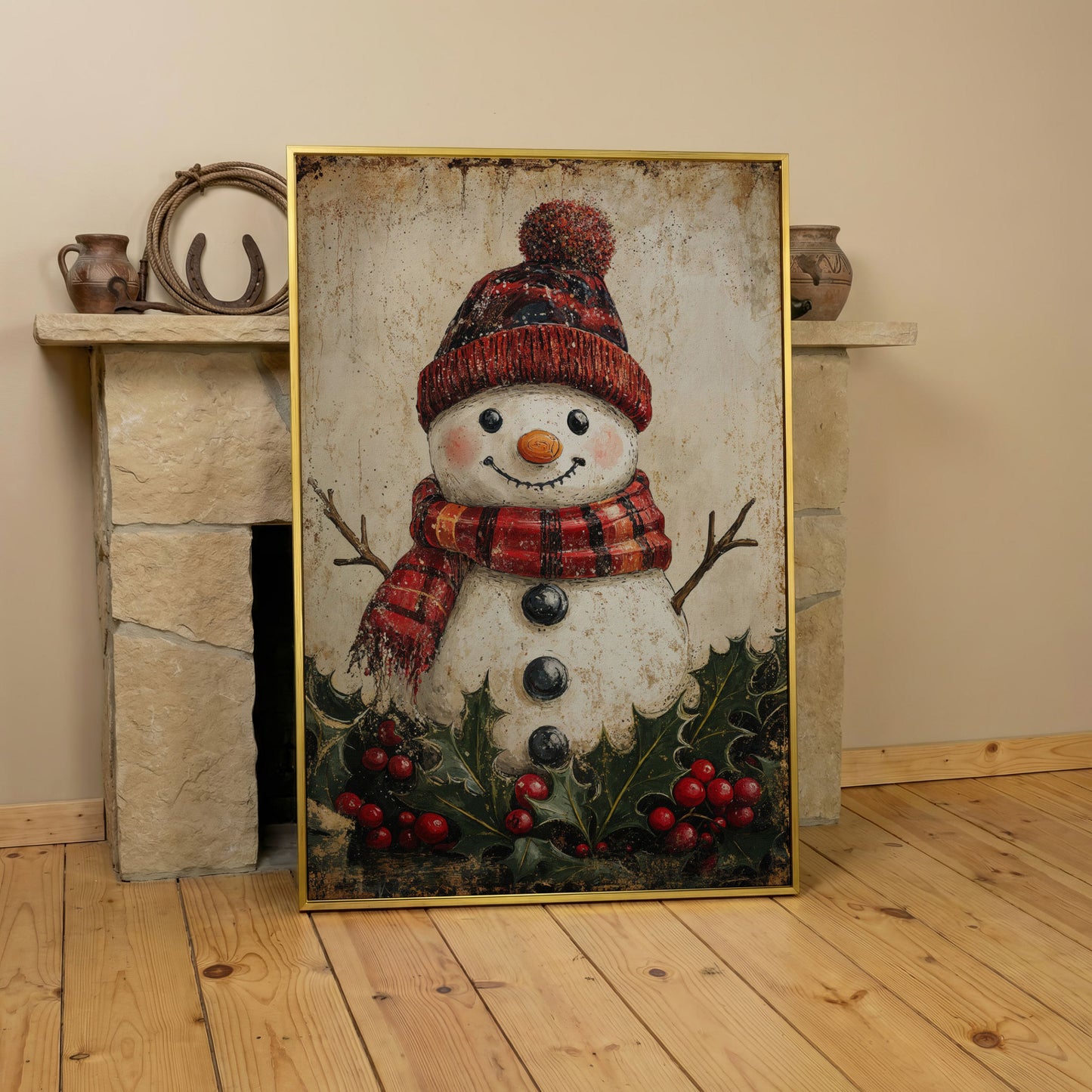 Snowman with Red Scarf and Hat Canvas Print in yellow gold floating frame
