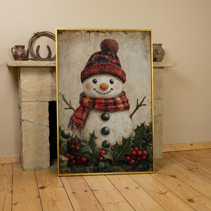 Snowman with Red Scarf and Hat Canvas Print in yellow gold floating frame