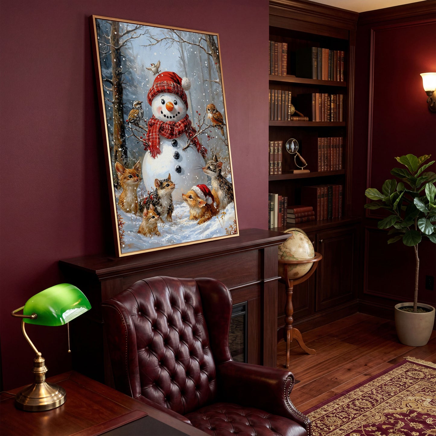 Snowman and Woodland Animals Winter Scene Canvas in antique gold floating frame