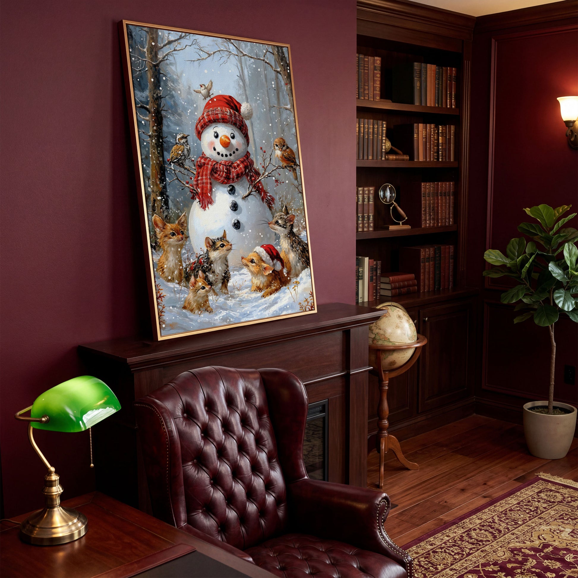 Snowman and Woodland Animals Winter Scene Canvas in antique gold floating frame