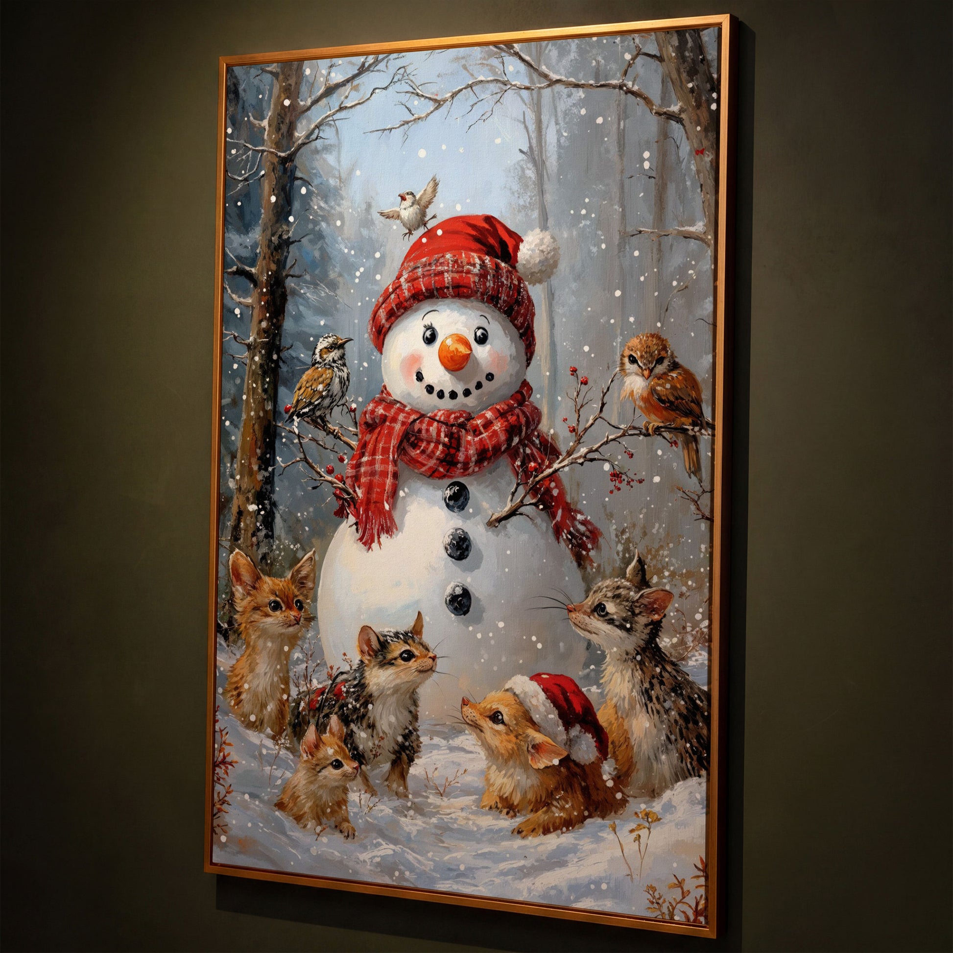 Snowman and Woodland Animals Winter Scene Canvas shown in antique gold floating frame