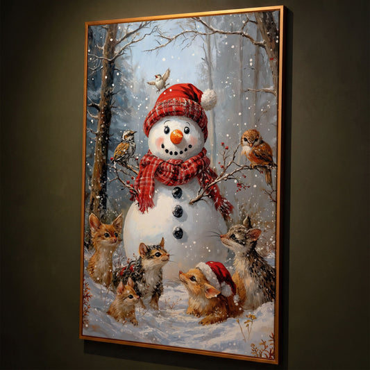Snowman and Woodland Animals Winter Scene Canvas shown in antique gold floating frame