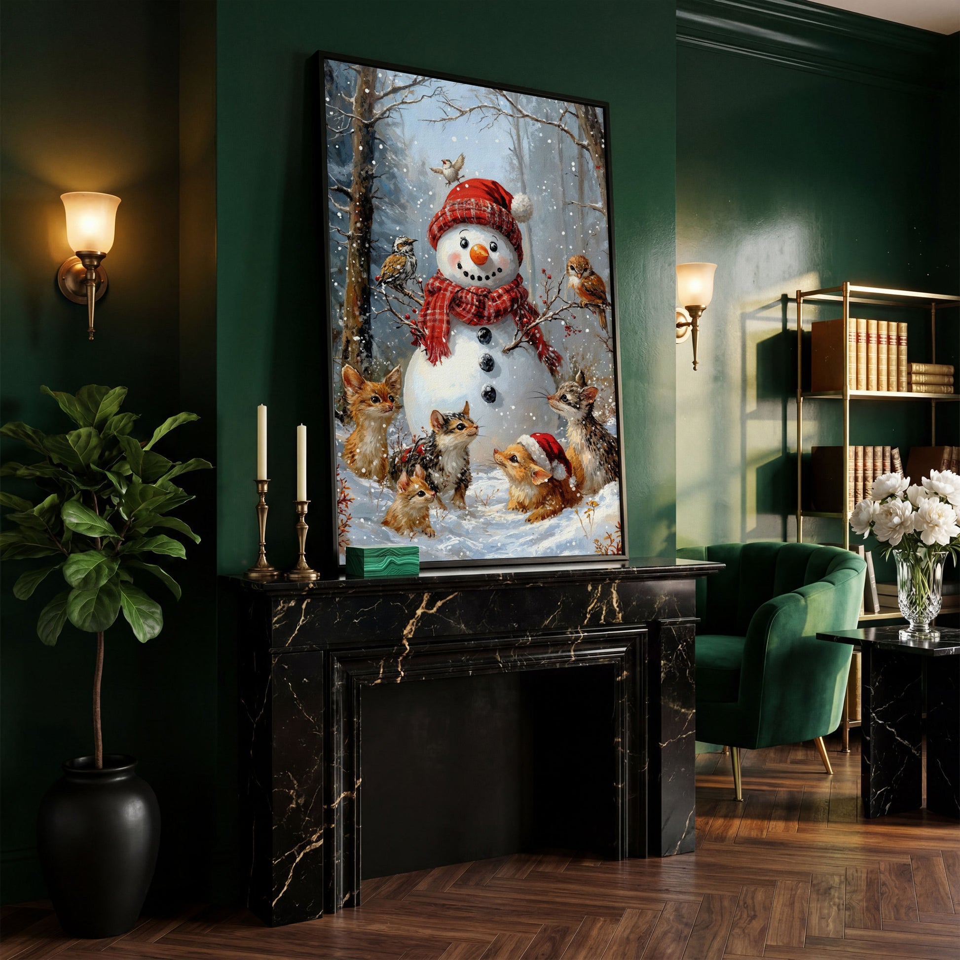 Snowman and Woodland Animals Winter Scene Canvas in black floating frame