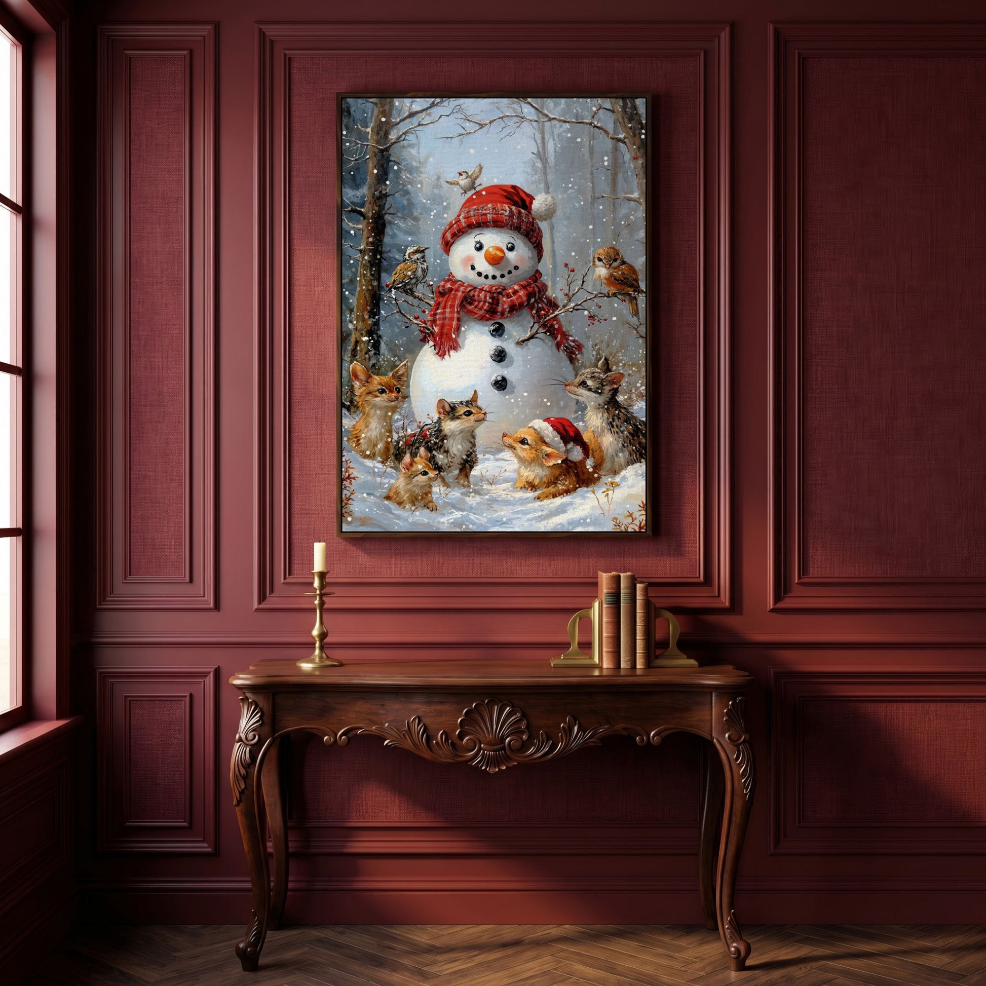 Snowman and Woodland Animals Winter Scene Canvas in dark walnut floating frame