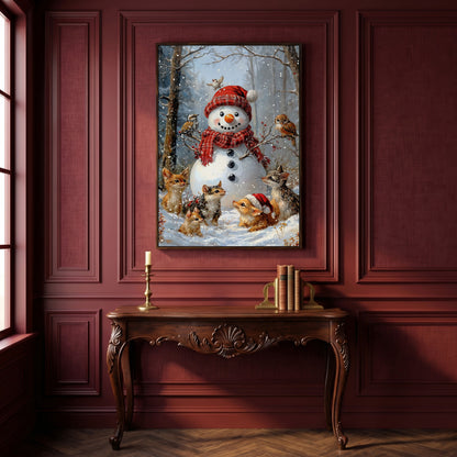 Snowman and Woodland Animals Winter Scene Canvas in dark walnut floating frame