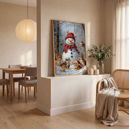 Snowman and Woodland Animals Winter Scene Canvas in white oak floating frame