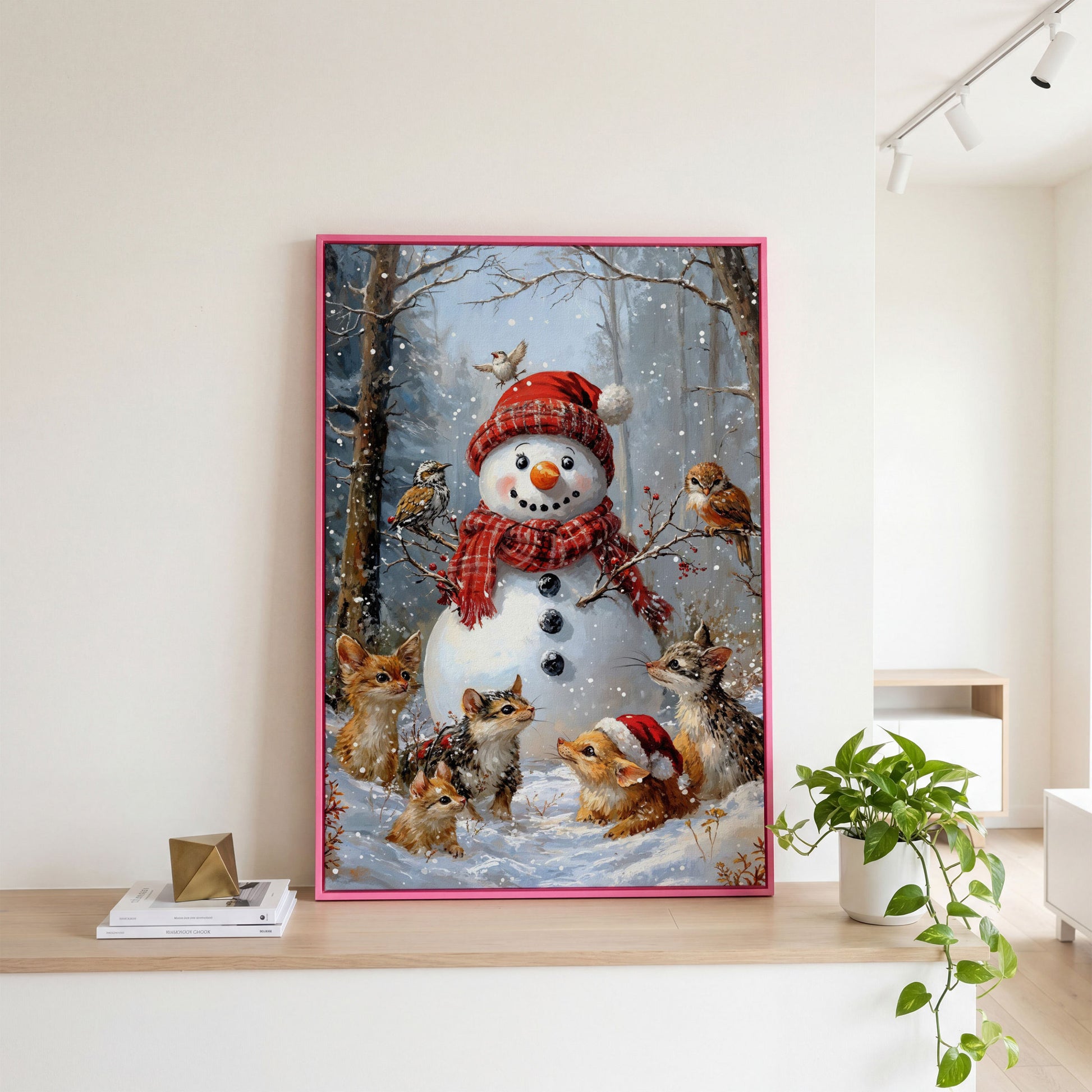 Snowman and Woodland Animals Winter Scene Canvas in pink floating frame