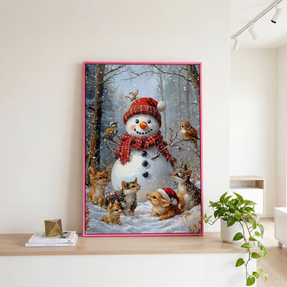 Snowman and Woodland Animals Winter Scene Canvas in pink floating frame