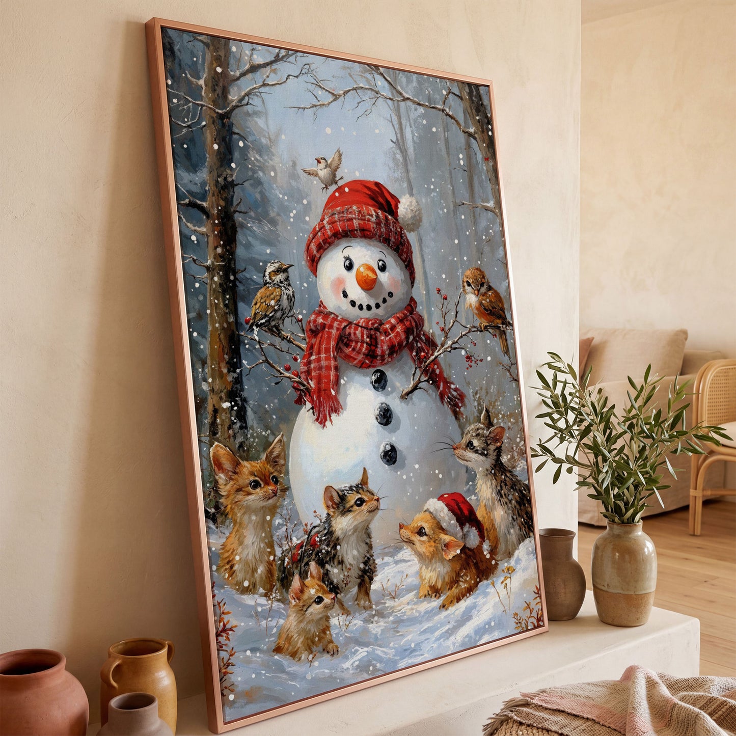 Snowman and Woodland Animals Winter Scene Canvas in rose gold floating frame