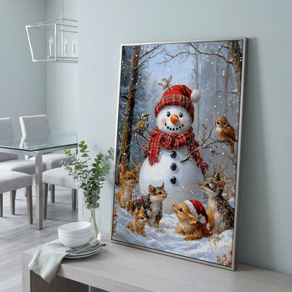 Snowman and Woodland Animals Winter Scene Canvas in silver floating frame