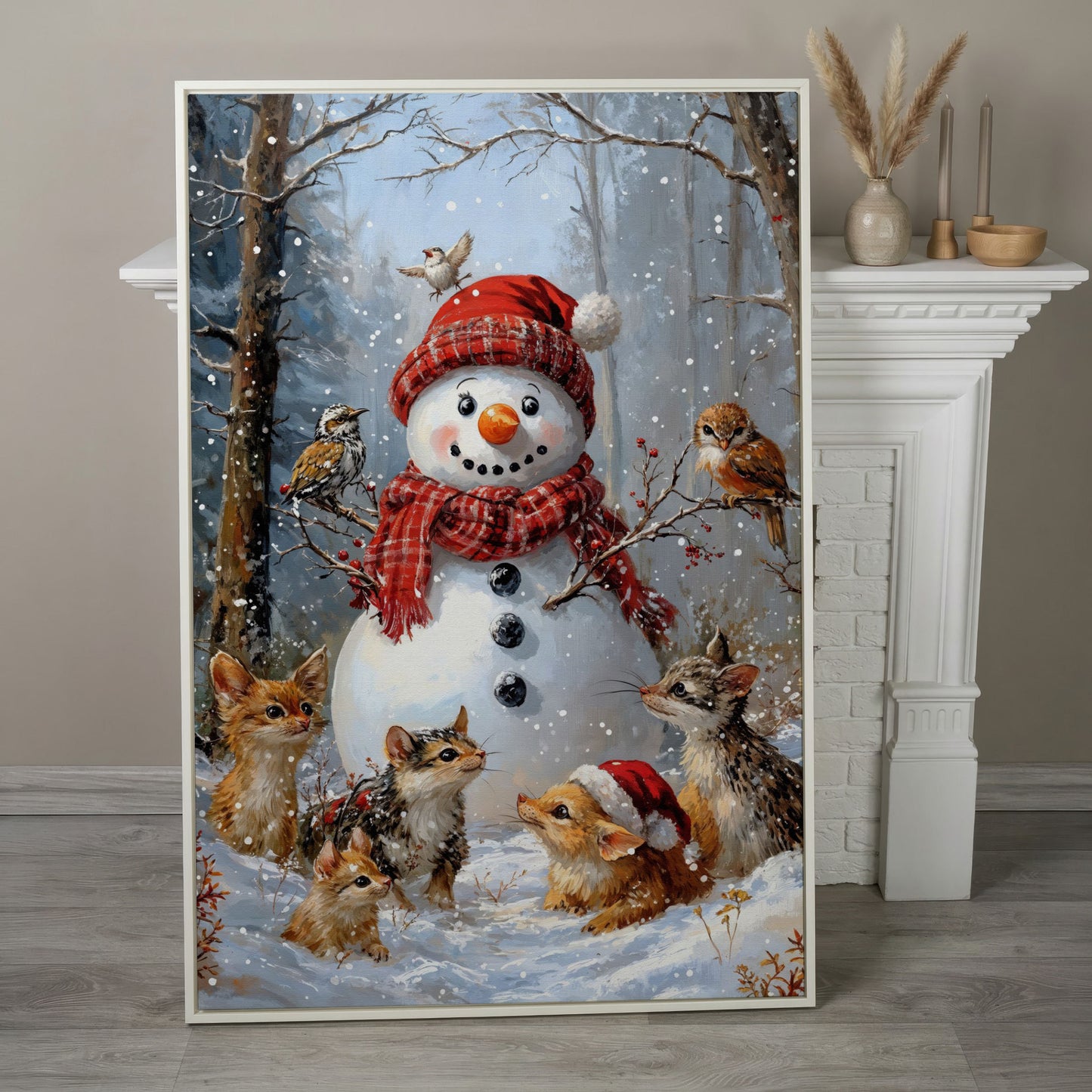 Snowman and Woodland Animals Winter Scene Canvas in white floating frame