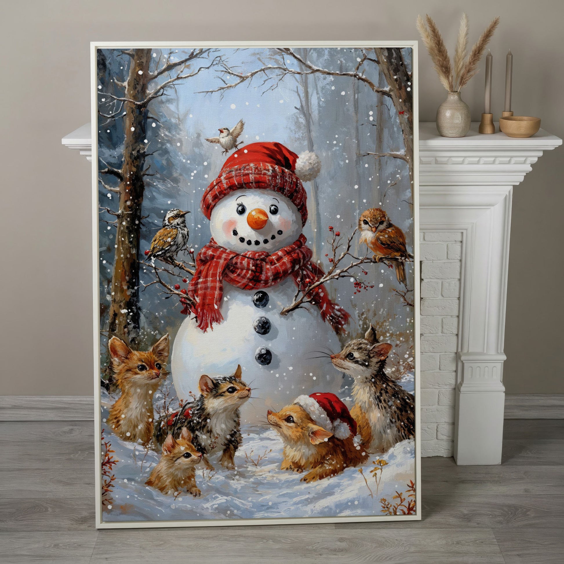 Snowman and Woodland Animals Winter Scene Canvas in white floating frame