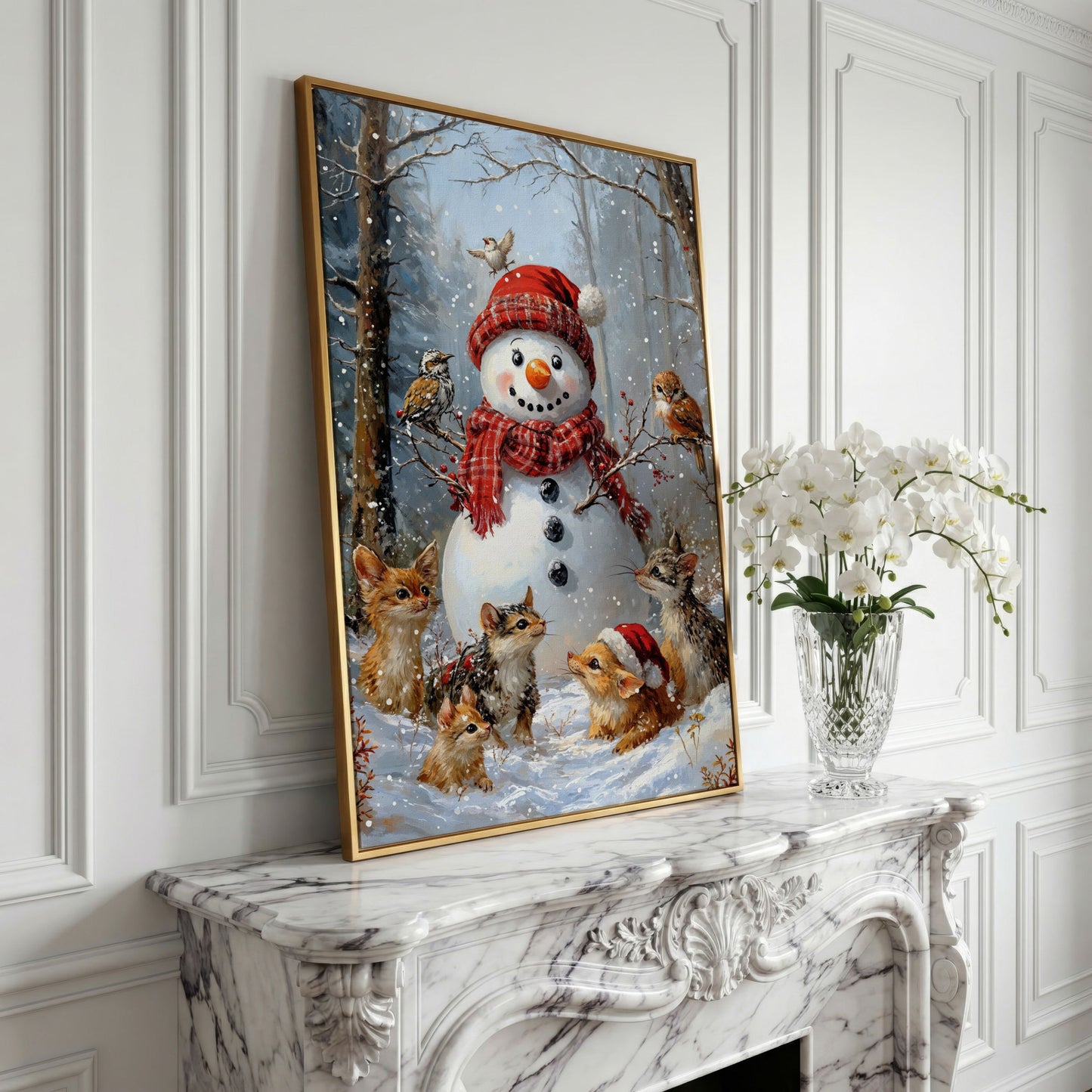 Snowman and Woodland Animals Winter Scene Canvas in yellow gold floating frame