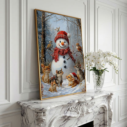 Snowman and Woodland Animals Winter Scene Canvas in yellow gold floating frame