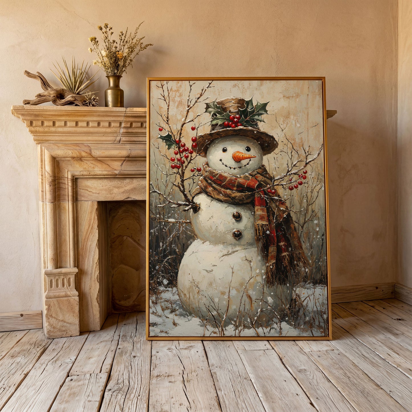 Vintage Snowman with Holly Canvas in antique gold floating frame